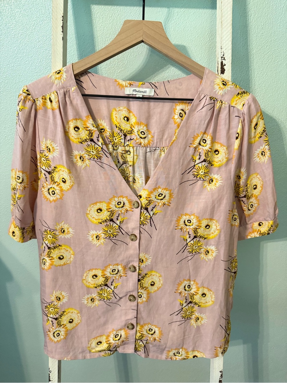 Madewell Dusty Pink Plaza Linen Viscose Floral Blouse Women Size L